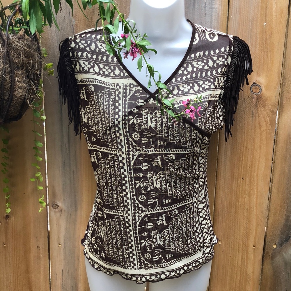 ANAC by Kimmy amazing mesh top with suede fringe sleeve accent EC